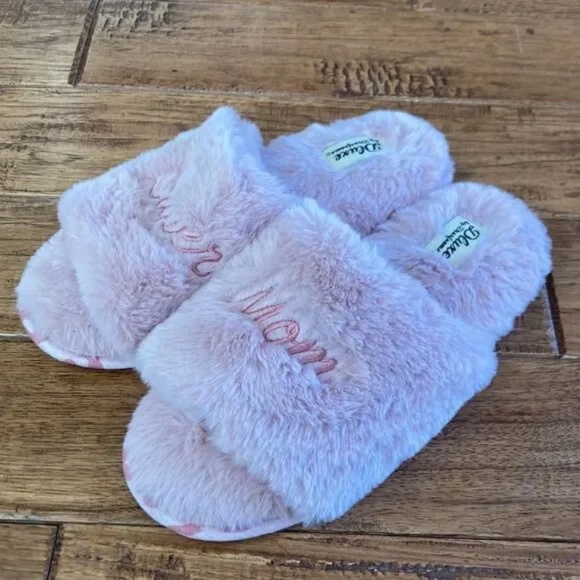 Dearfoams Dluxe Super Mom Faux Fur Plush Slide Slippers Blush Pink Size 7-8 NWOT - Picture 8 of 11